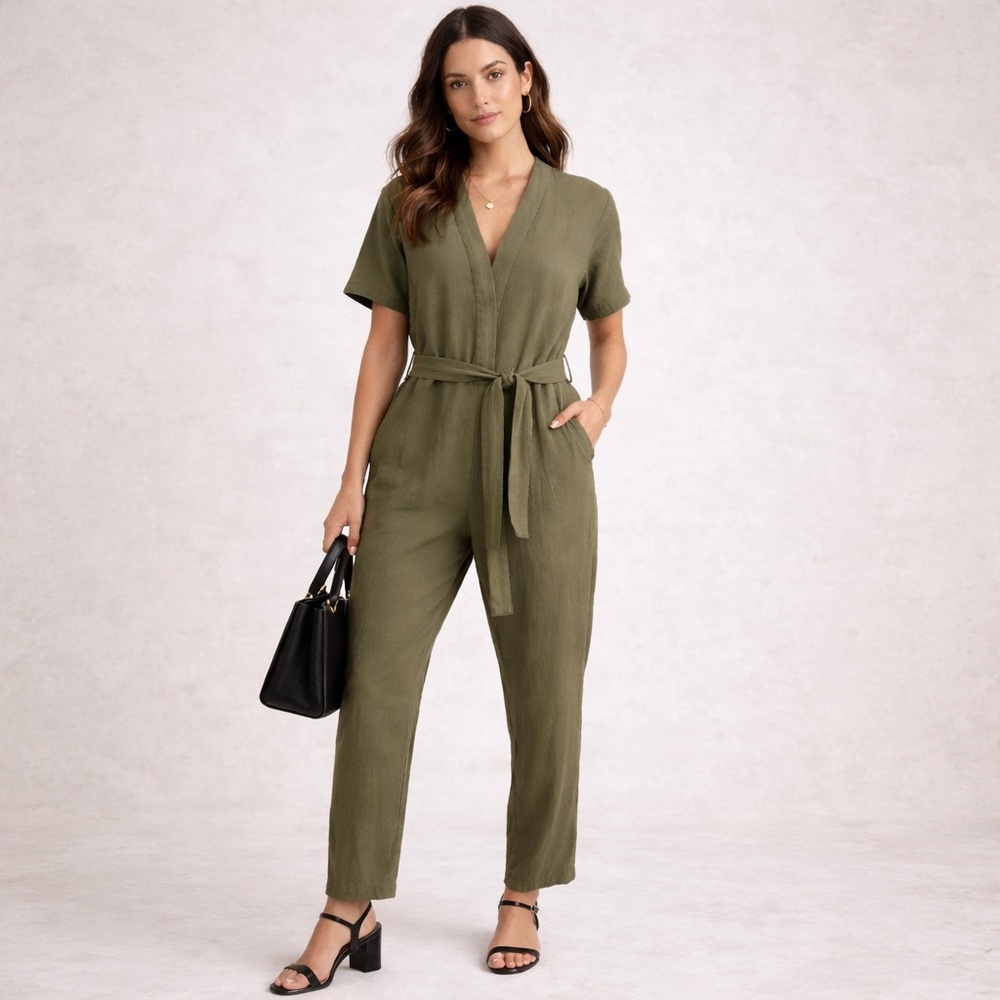 NLT Olive Green Utility Jumpsuit Tie Waist Minimalist Chic M